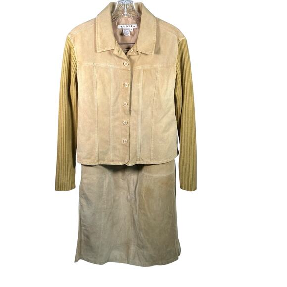 AMI Tan Suede Leather Jacket & Skirt Set Size 8/M 2-Piece Outfit Vintage Western - Picture 1 of 16